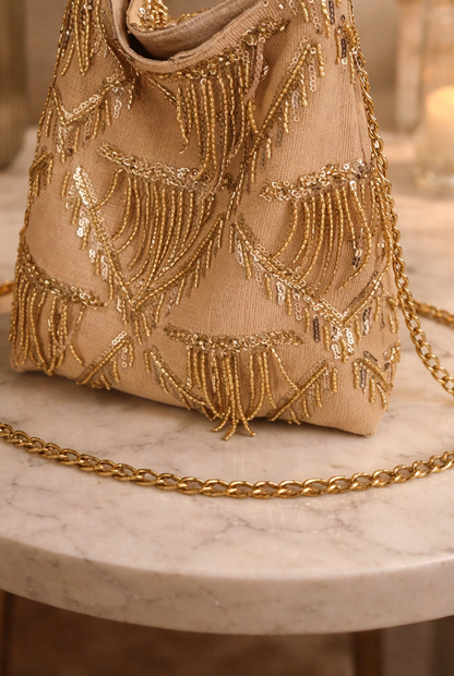 Tas met kralenfranjes en Pailletten met Gouden Ketting Schoudertas & Crossbody Glamour Avondtas
