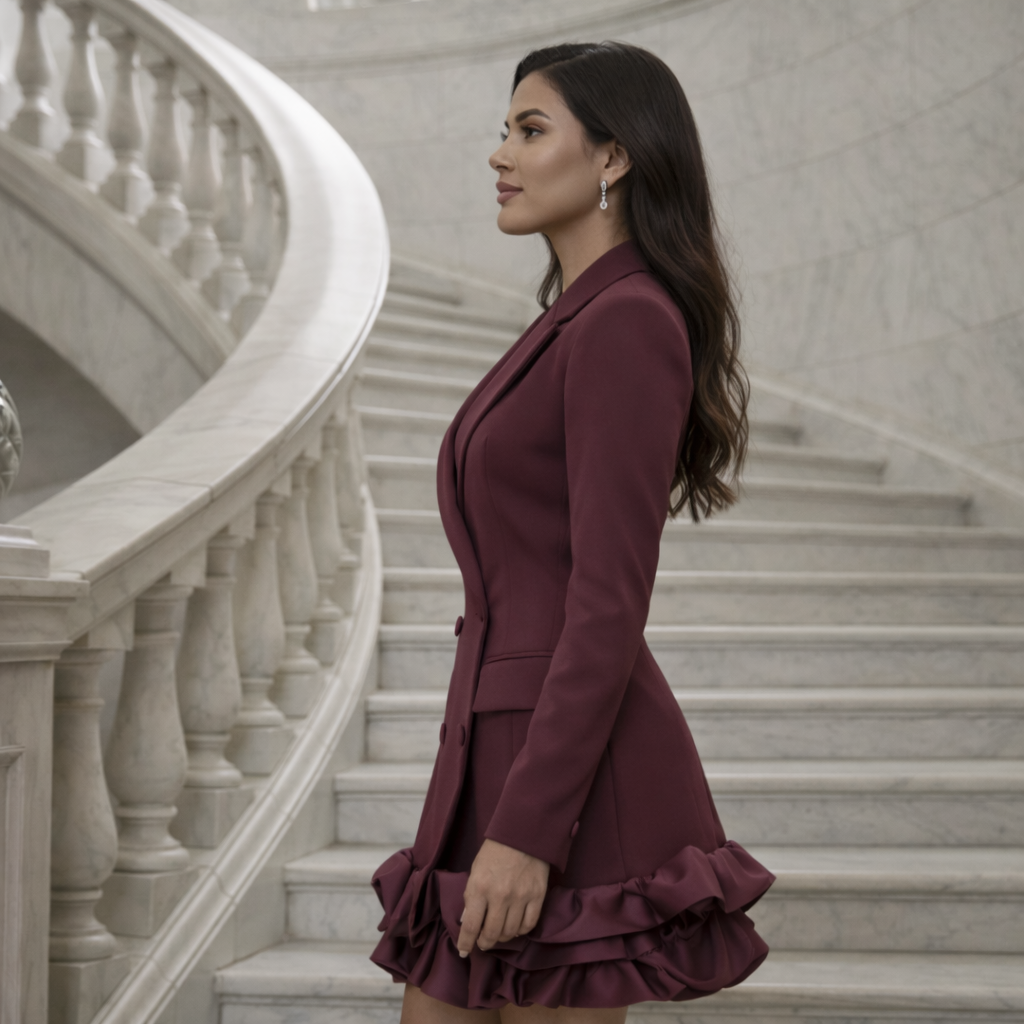 Double-Breasted Blazer Jurk met Satijn Ruffles – Bordeaux & Zwart/Off-White