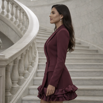 Double-Breasted Blazer Jurk met Satijn Ruffles – Bordeaux & Zwart/Off-White