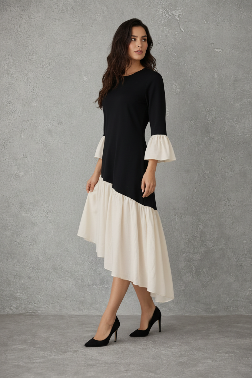 Asymmetrische Contrast Midi Jurk in Zwart en Crème