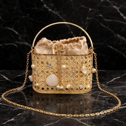 Boho Mandje Tas met Schelp en Parel Details Zomertas Goud