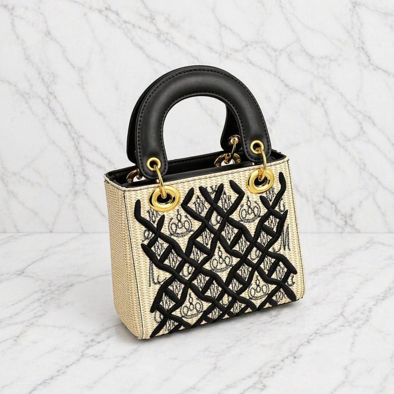 Geborduurde Handtas Mini Bag met Contrast Handvat