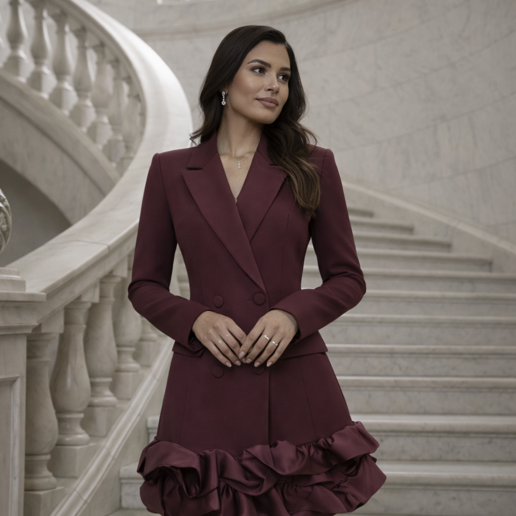 Double-Breasted Blazer Jurk met Satijn Ruffles – Bordeaux & Zwart/Off-White