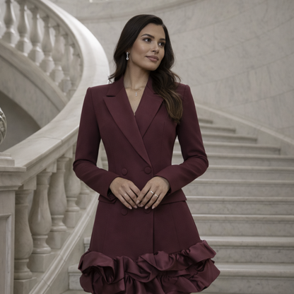 Double-Breasted Blazer Jurk met Satijn Ruffles – Bordeaux & Zwart/Off-White