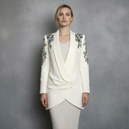 Rosé met Blauw/Groen/Zwart/Goud Details | Gebroken Witte Gedrapeerde Blazerjurk