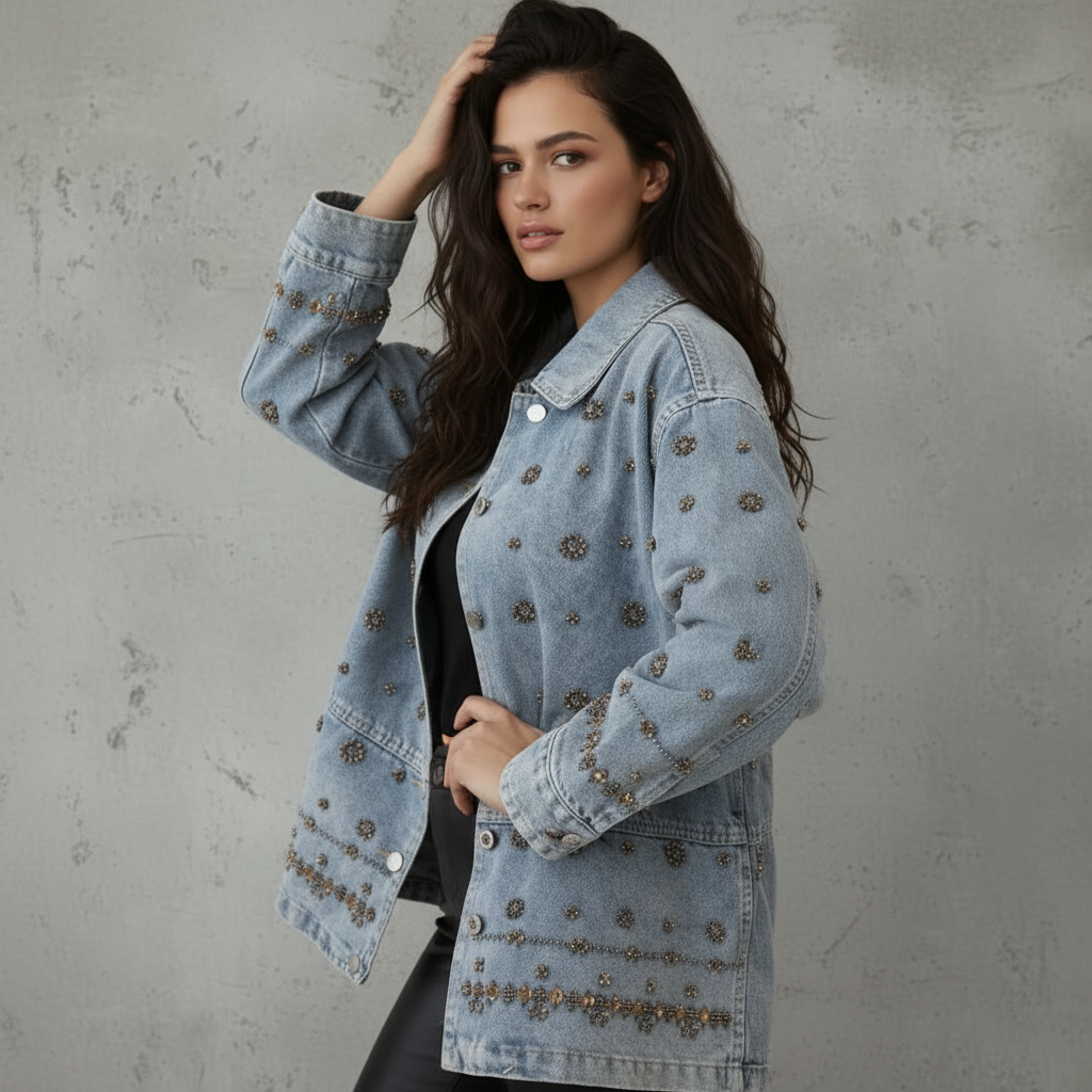Denimjacket – Washed Spijkerjas met Zonnig Fijn Kralenborduurwerk