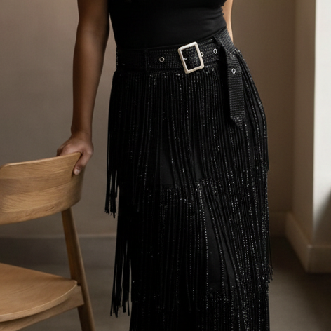 Fringe Strass Midi Rok met Ceintuur