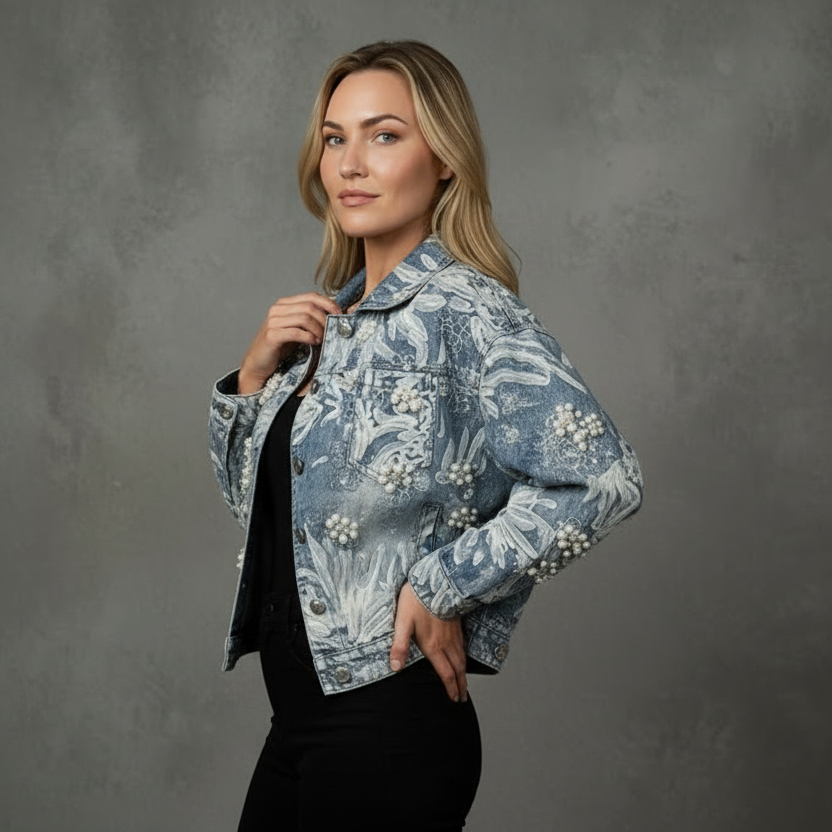 Denimjacket – Spijkerjas met Tule en Handwerk Bloemen van Parels