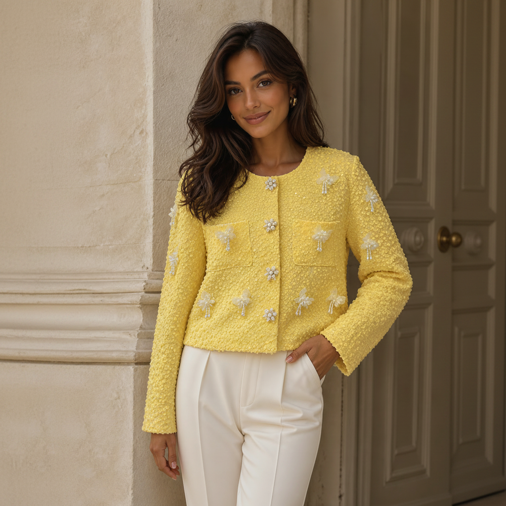 Soleil Luxe Sequin Cropped Jacket met 3D Bloemen & Parelknopen