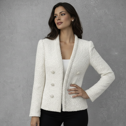 Elegant Bouclé Look Jasje in Off-White met Rijke Pareldetails