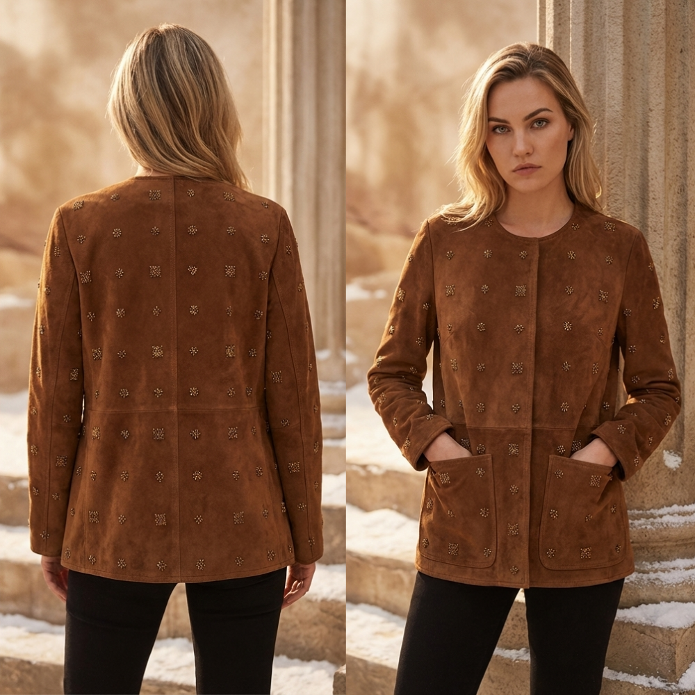 Suède Look Jas met Kralenwerk Golden Touch