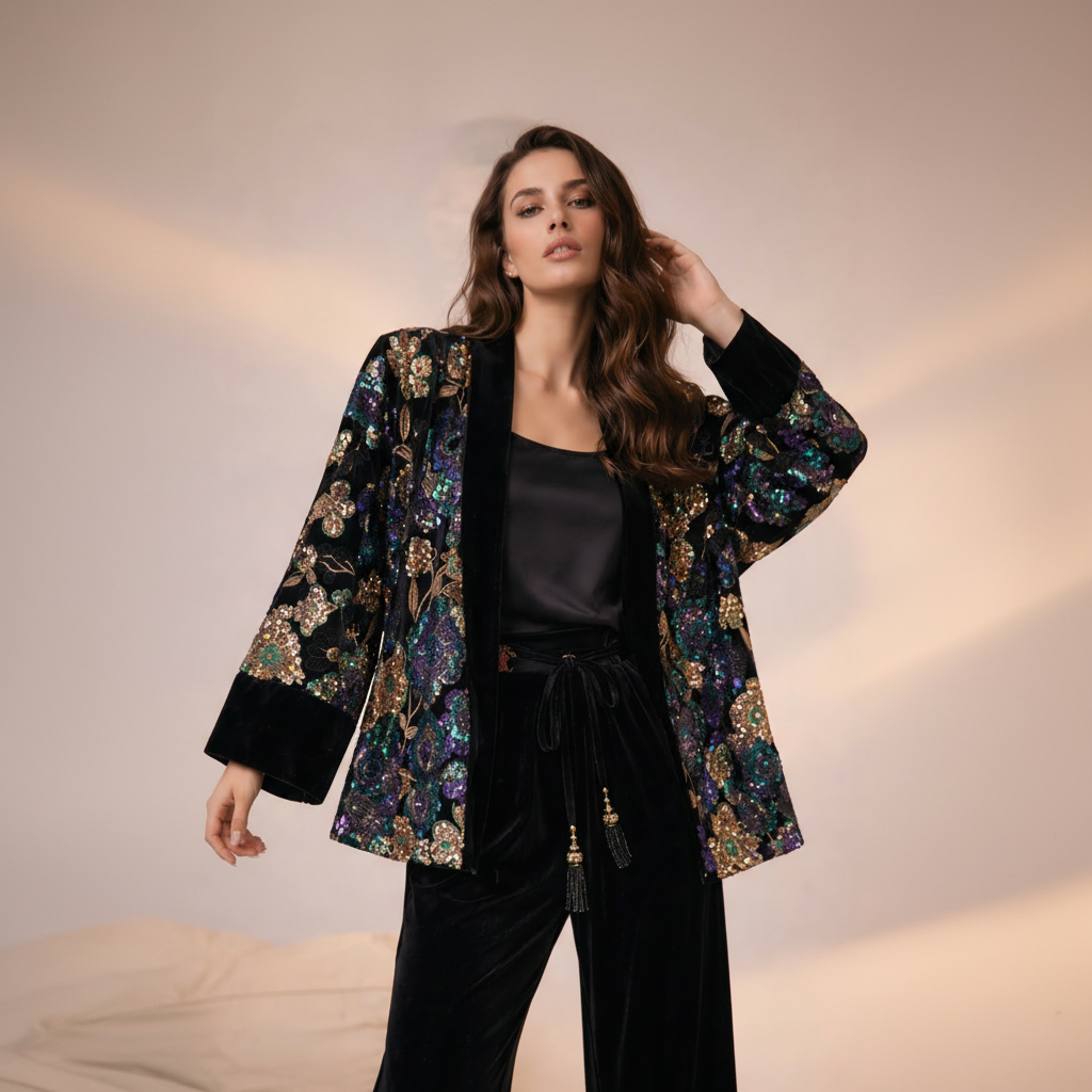 Velours Kimono Zwart met Pailletten en Borduursel