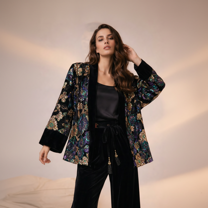 Velours Kimono Zwart met Pailletten en Borduursel