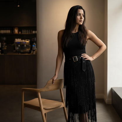 Fringe Strass Midi Rok met Ceintuur
