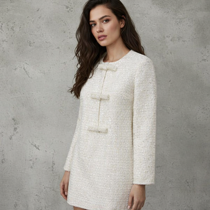 Mini Jurk Off-White Bouclé-Pailletten met Parelstrikken