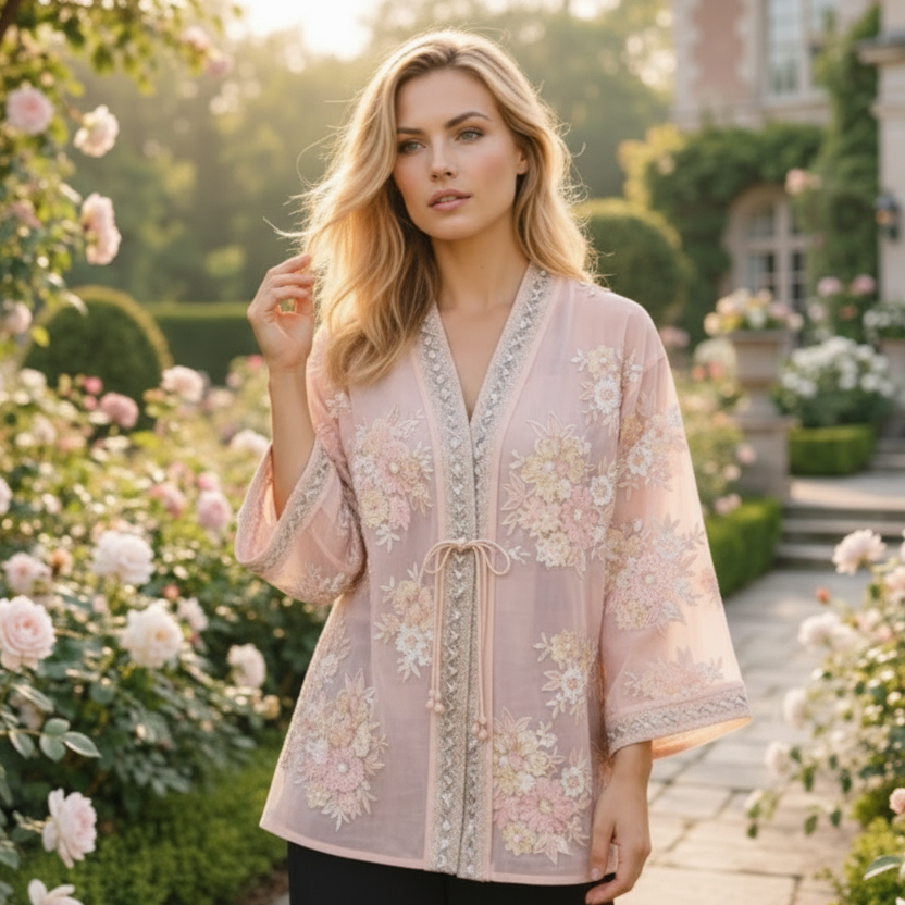 Kimono Blouse Blush met Meerkleurig Borduurwerk en Pailletten Garden Chic