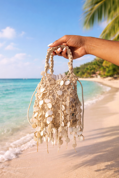 Boho Pouch met Schelp Details Strandtas Dames Beige Ibiza Style