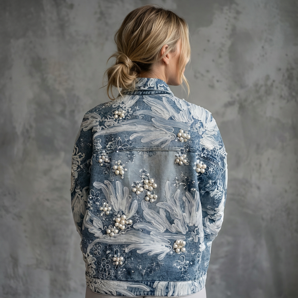 Denimjacket – Spijkerjas met Tule en Handwerk Bloemen van Parels
