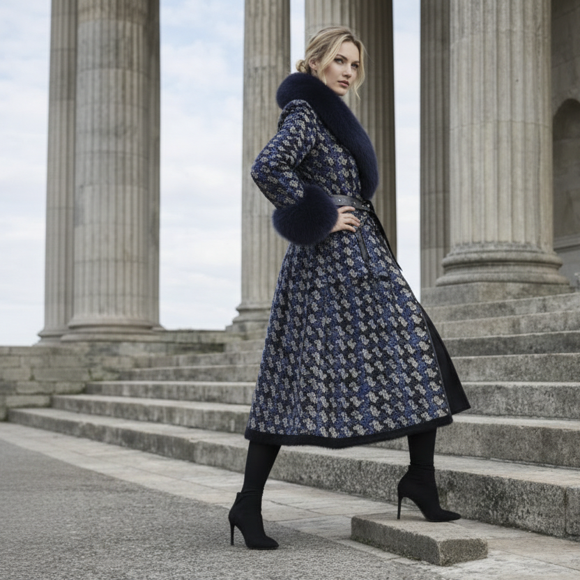 Luxe Lange Winterjas Dames met Zwarte Bontkraag en Stud Details