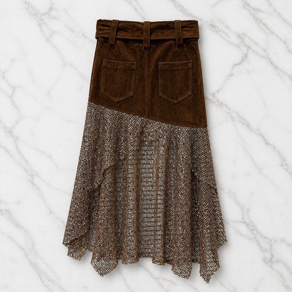 Rok Suède Look met Goudkleurige Details & Netstof Coastal Meets Western