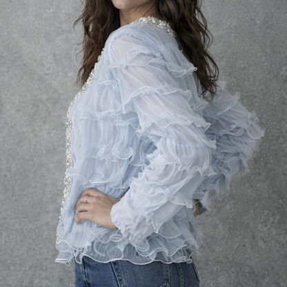 Lichtblauwe Ruffle Blouse met Parel- en Bloemapplicatie