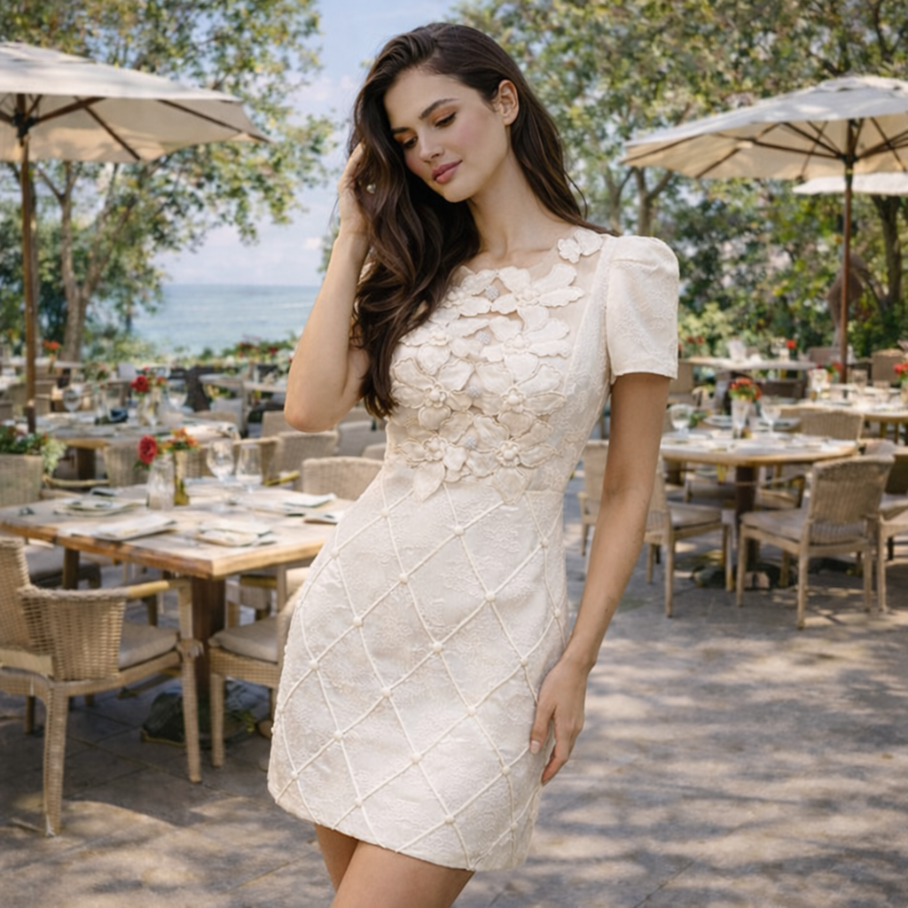 Jacquard Mini Jurk met Ruit-en Bloemreliëf