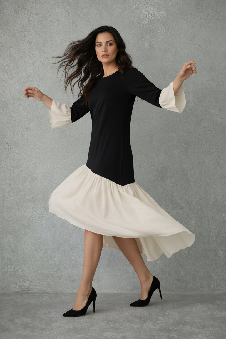 Asymmetrische Contrast Midi Jurk in Zwart en Crème