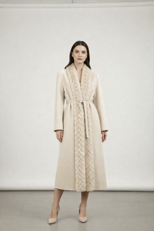 Braided Effect Faux Fur Lange Wrap Mantel Lichtbeige