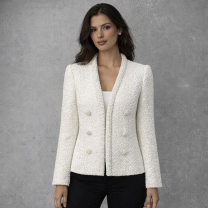 Elegant Bouclé Look Jasje in Off-White met Rijke Pareldetails