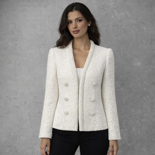 Elegant Bouclé Look Jasje in Off-White met Rijke Pareldetails