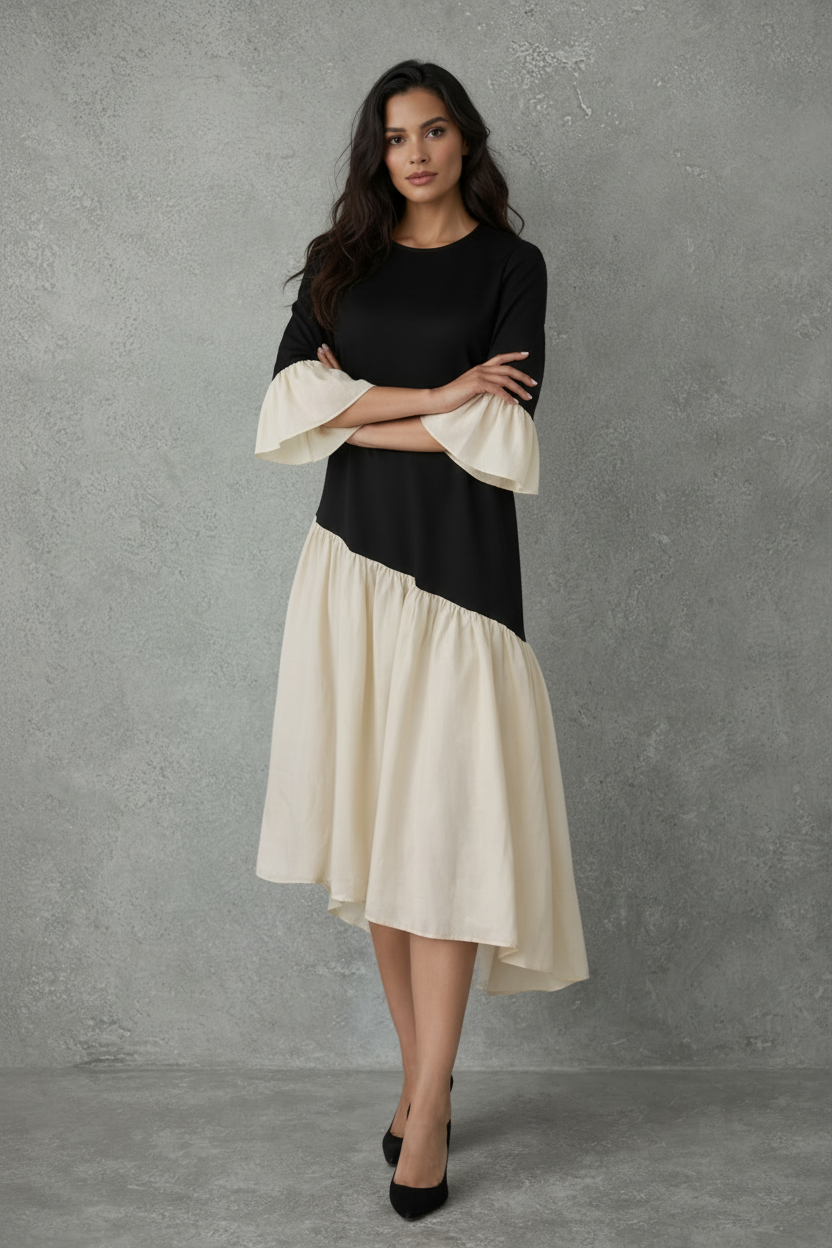 Asymmetrische Contrast Midi Jurk in Zwart en Crème