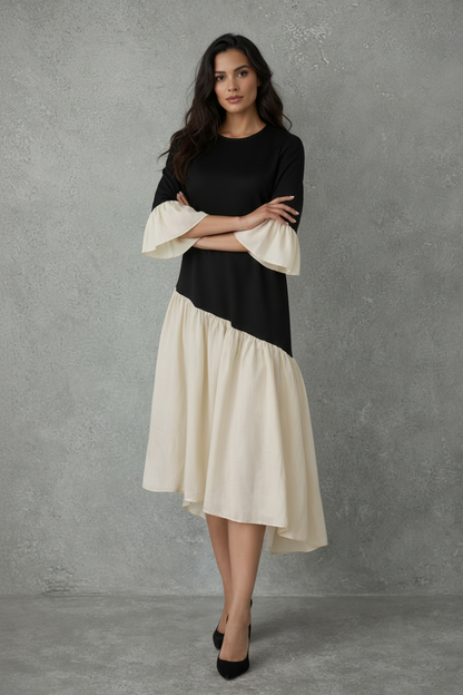 Asymmetrische Contrast Midi Jurk in Zwart en Crème