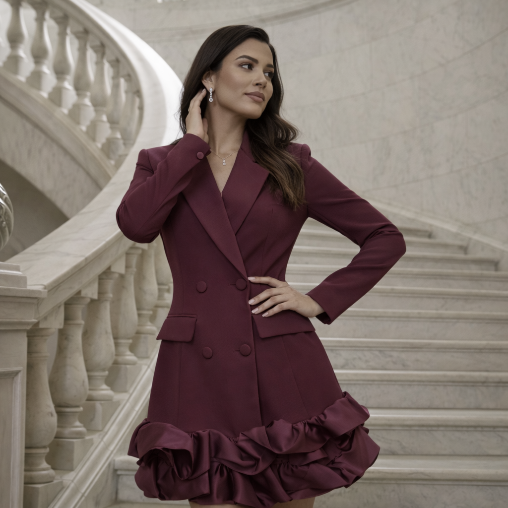 Double-Breasted Blazer Jurk met Satijn Ruffles – Bordeaux & Zwart/Off-White