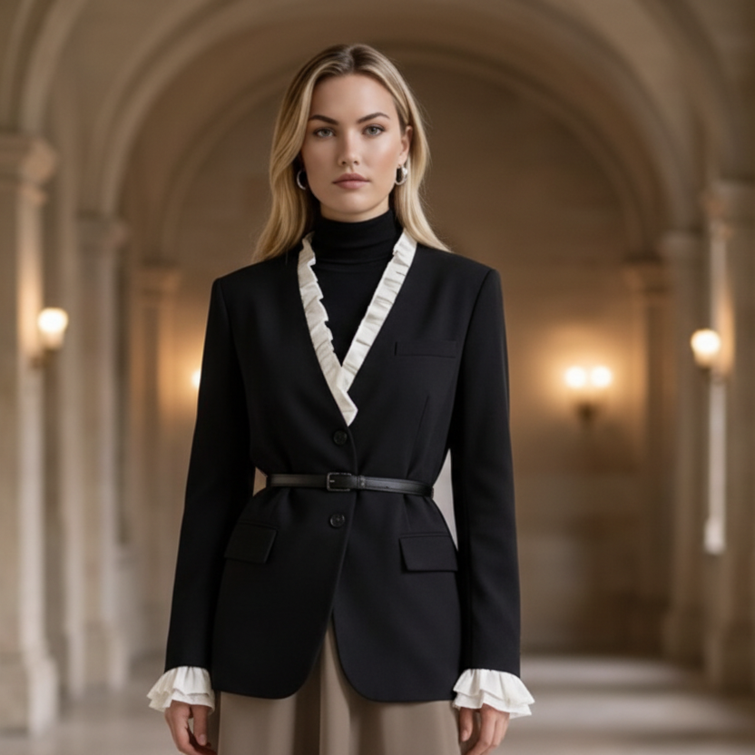 Blazer met Dubbele Ruches en Witte Details