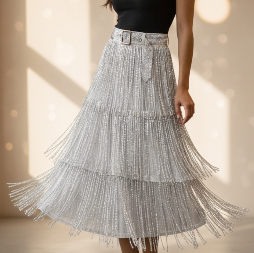 Fringe Strass Midi Rok met Ceintuur