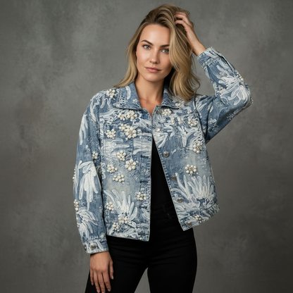 Denimjacket – Spijkerjas met Tule en Handwerk Bloemen van Parels