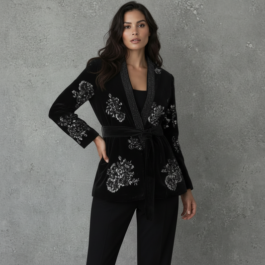 Velours Gedetailleerde Jas Midnight Bloom