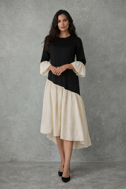 Asymmetrische Contrast Midi Jurk in Zwart en Crème