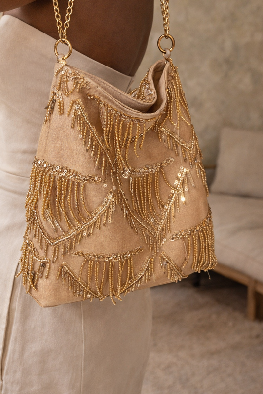 Tas met kralenfranjes en Pailletten met Gouden Ketting Schoudertas & Crossbody Glamour Avondtas
