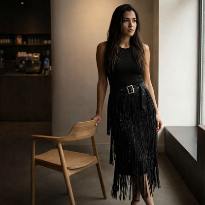 Fringe Strass Midi Rok met Ceintuur