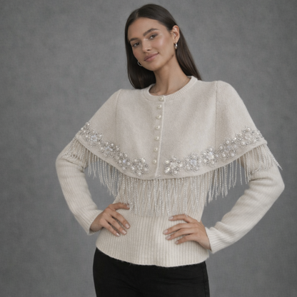 Klassieke Crème Cape met Parels en Kralenfranje