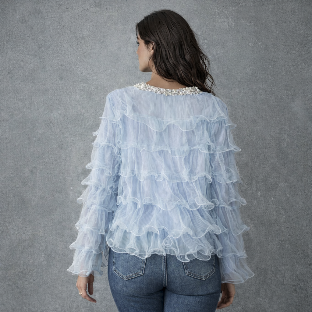 Lichtblauwe Ruffle Blouse met Parel- en Bloemapplicatie