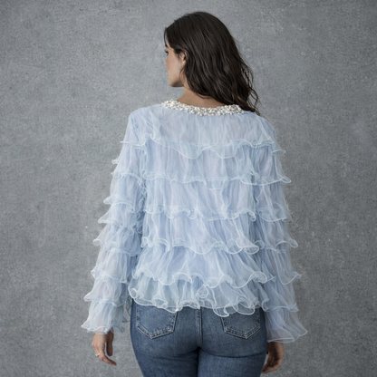 Lichtblauwe Ruffle Blouse met Parel- en Bloemapplicatie