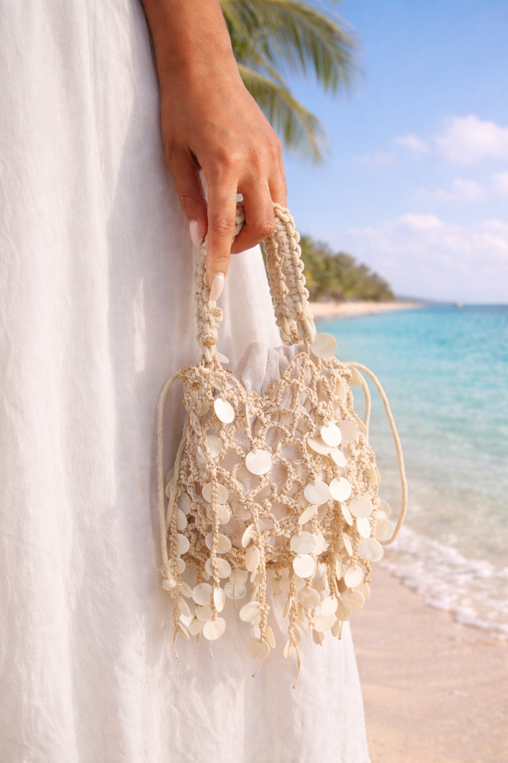 Boho Pouch met Schelp Details Strandtas Dames Beige Ibiza Style