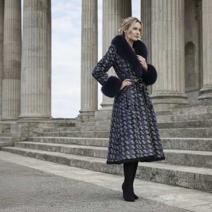 Luxe Lange Winterjas Dames met Zwarte Bontkraag en Stud Details