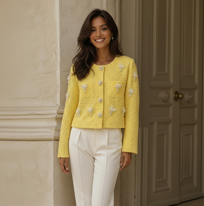 Soleil Luxe Sequin Cropped Jacket met 3D Bloemen & Parelknopen
