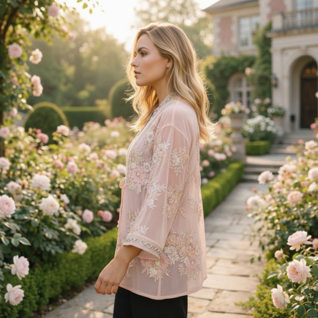 Kimono Blouse Blush met Meerkleurig Borduurwerk en Pailletten Garden Chic