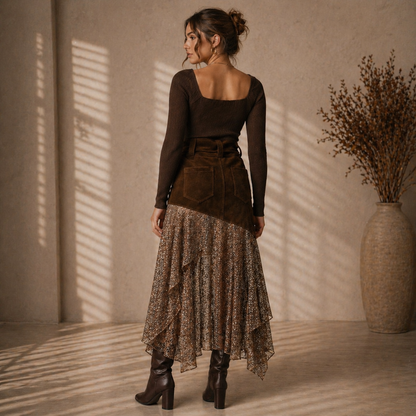 Rok Suède Look met Goudkleurige Details & Netstof Coastal Meets Western