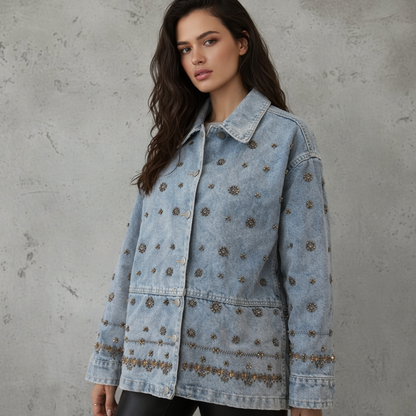 Denimjacket – Washed Spijkerjas met Zonnig Fijn Kralenborduurwerk