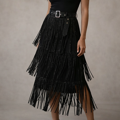 Fringe Strass Midi Rok met Ceintuur